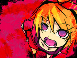 Rule 34 | 1girl, blonde hair, demon girlfriend (vocaloid), fang, foreshortening, from above, kagamine rin, looking up, open mouth, purple eyes, solo, teeth, vocaloid
