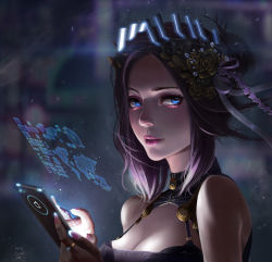 Rule 34 | 1girl, apple inc., artist name, augmented reality, bare shoulders, blue eyes, breasts, cellphone, cleavage, cleavage cutout, clothing cutout, concept art, cyberpunk, fingernails, flower, food, fruit, future, glowing, hair flower, hair ornament, hair ribbon, heads-up display, highres, long fingernails, looking at viewer, looking to the side, makeup, marsfoong, medium breasts, original, parted lips, phone, pink lips, purple hair, ribbon, short hair, solo