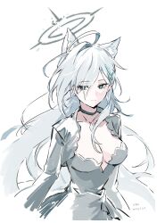 Rule 34 | 1girl, ahoge, animal ear fluff, animal ears, aqua eyes, black choker, black dress, blue archive, breasts, bright pupils, broken halo, choker, closed mouth, clothing cutout, collarbone, cross, cross hair ornament, dark halo, dated, dress, expressionless, extra ears, grey hair, hair ornament, halo, highres, inverted cross, karasu btk, large breasts, long hair, looking at viewer, mismatched pupils, shiroko (blue archive), shiroko terror (blue archive), signature, simple background, solo, upper body, very long hair, white background, white pupils, wide sleeves, wolf ears