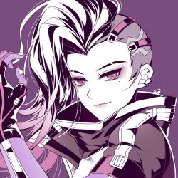 Rule 34 | 1girl, artist name, asymmetrical hair, black gloves, bodysuit, claws, closed mouth, coat, earclip, eyelashes, eyeliner, eyeshadow, female focus, fingerless gloves, gloves, hand up, high collar, kaoruru (sakuno2911), layered sleeves, limited palette, long hair, long sleeves, looking at viewer, makeup, mascara, mole, mole under eye, multicolored hair, overwatch, overwatch 1, partially colored, purple lips, short over long sleeves, short sleeves, sidecut, smile, solo, sombra (overwatch), spot color, trench coat, two-tone hair, undercut, upper body