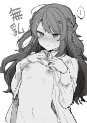 Rule 34 | ..., 1girl, anger vein, blush, breast suppress, breasts, closed mouth, greyscale, hair ornament, hairclip, hand up, ikeuchi tanuma, long hair, long sleeves, monochrome, naked shirt, navel, nipples, open clothes, open shirt, original, shirt, simple background, small breasts, solo, spoken ellipsis, sweat, upper body, white background
