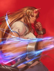 Rule 34 | 1girl, blonde hair, chain, cuffs, glowing, glowing fist, horns, hoshiguma yuugi, inishie kumo, long hair, pointy ears, punching, red background, red eyes, shackles, shirt, short sleeves, single horn, skirt, solo, star (symbol), touhou, very long hair