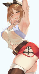 Rule 34 | 1girl, ;d, armpits, arms up, atelier (series), atelier ryza, atelier ryza 1, belt, beret, boots, breasts, brown belt, brown eyes, brown footwear, brown hair, commentary request, covered erect nipples, from side, hair ornament, hairclip, hat, highres, jewelry, large breasts, leather belt, looking at viewer, navel, necklace, one eye closed, open mouth, paid reward available, presenting armpit, red shorts, reisalin stout, shirt, short hair, short shorts, shorts, simple background, sleeveless, sleeveless shirt, smile, solo, star (symbol), star necklace, sweat, teeth, thighhighs, thighhighs under boots, thighs, upper teeth only, veryhardloco, white hat, white shirt, white thighhighs
