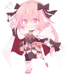 Rule 34 | +++, 1boy, arm up, armored skirt, astolfo (fate), black bow, black shirt, black thighhighs, blush, bow, braid, cape, chocola vt, deformed, fang, fate/apocrypha, fate (series), fur-trimmed cape, fur trim, garter straps, hair between eyes, hair bow, hair intakes, highres, horn (instrument), long braid, long hair, multicolored hair, open hand, open mouth, pink hair, purple eyes, scabbard, sheath, sheathed, shirt, simple background, single braid, skin fang, solo, streaked hair, sword, thighhighs, transparent background, trap, two-sided cape, two-sided fabric, two-tone hair, very long hair, weapon, white cape, white footwear, white hair