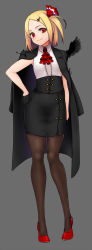 Rule 34 | 1girl, aged up, alternate hairstyle, arm at side, ascot, bare arms, black gloves, black jacket, black skirt, black wings, blonde hair, brown pantyhose, collared shirt, cross hair ornament, full body, gloves, grey background, haiiro gundan, hair ornament, hair ribbon, hairpin, half gloves, hand on own hip, head tilt, high-waist skirt, highres, jacket, looking at viewer, miniskirt, pantyhose, pencil skirt, pigeon-toed, red ascot, red eyes, red footwear, red ribbon, ribbon, rumia, shirt, shoes, side slit, simple background, skirt, sleeveless, sleeveless shirt, smile, solo, standing, touhou, white shirt, wing collar, wings