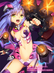 Rule 34 | 1girl, blue hair, breasts, cleavage, company name, copyright name, gun, hen-shin-shou-jo metamol maiden, holding, long hair, machinery, mecha musume, navel, official art, open mouth, original, outstretched arm, ponytail, purple background, solo, sparks, thighhighs, thighs, tongue, very long hair, weapon, yangsion, yellow eyes