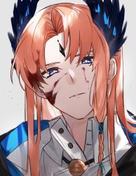 Rule 34 | 1boy, absurdres, arknights, black cloak, blood, blood in hair, blood on face, blue eyes, bolo tie, braid, bright pupils, cloak, collared shirt, expressionless, forehead jewel, grey background, hair ribbon, head wings, highres, long hair, looking at viewer, male focus, orange hair, parted lips, passenger (arknights), ribbon, shirt, side braid, simple background, solo, tress ribbon, upper body, white pupils, white shirt, wings, yakota (usuk-yako)