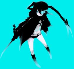 Rule 34 | 10s, 1girl, belt, black hair, black rock shooter, black rock shooter (character), blue background, blue eyes, front-tie top, long hair, navel, pale skin, shorts, solo, twintails, ume (datsuryokugen)