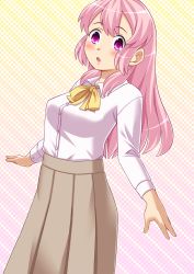 Rule 34 | 1girl, blush, bow, bowtie, breasts, brown skirt, cowboy shot, dutch angle, female focus, gradient background, highres, long hair, long sleeves, looking at viewer, medium breasts, open mouth, original, pink eyes, pink hair, pleated skirt, school uniform, shirt, simple background, skirt, solo, standing, white shirt, yellow bow, yellow bowtie, zegga