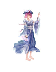 Rule 34 | 1girl, arm garter, armband, barefoot, breasts, cherry blossoms, expressionless, folding fan, full body, hand fan, hand up, hat, highres, japanese clothes, kimono, long sleeves, looking away, mob cap, obi, pink eyes, pink hair, polskash, saigyouji yuyuko, sash, short hair, simple background, solo, touhou, triangular headpiece, twig, white background