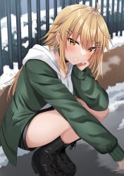 Rule 34 | 1girl, ahoge, black footwear, black shorts, blonde hair, blush, boots, brown eyes, commentary request, cross-laced footwear, day, drawstring, fence, green jacket, hair between eyes, hair ornament, hairclip, highres, hood, hood down, hoodie, jacket, komori kuzuyu, lace-up boots, long hair, long sleeves, looking at viewer, nao (kuzuyu), open clothes, open jacket, original, outdoors, parted lips, puffy long sleeves, puffy sleeves, short shorts, shorts, sleeves past wrists, snow, solo, squatting, very long hair, white hoodie, x hair ornament