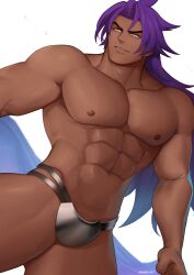 Rule 34 | 1boy, abs, absurdres, bara, bhima (fate), crotch plate, dark-skinned male, dark skin, dot pupils, fate/grand order, fate (series), feet out of frame, highres, jockstrap, large pectorals, light smile, long hair, male focus, male underwear, mikicat, muscular, muscular male, nipples, pectorals, purple eyes, purple hair, sideburns, solo, stomach, thick thighs, thighs, topless male, underwear, v-shaped eyebrows
