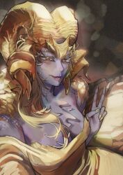 Rule 34 | absurdres, blonde hair, breasts, brown eyes, cleavage, colored skin, cropped legs, dragon girl, dress, gold nails, highres, horns, kulve taroth, looking at viewer, medium breasts, miao jiangyou, monster girl, monster hunter, monster hunter: world, monster hunter (series), parted lips, personification, purple skin, scales, shine, smile, v