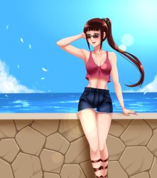 Rule 34 | 1girl, armpits, brown hair, day, highres, jewelry, lens flare, midriff, miyamoto ruri, nisekoi, ocean, open mouth, ornate ring, outdoors, ponytail, ring, scrunchie, short shorts, shorts, sky, smile, solo, sunglasses, twrlare, wedding ring