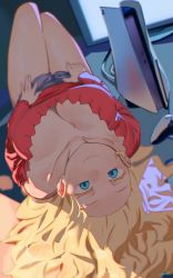 Rule 34 | 1girl, blonde hair, blue eyes, breasts, cleavage, collarbone, colored eyelashes, commentary request, game console, highres, large breasts, long hair, looking at viewer, original, playstation 5, ryusei hashida, short shorts, shorts, solo, thighs, upside-down, veins, veiny breasts, wavy mouth