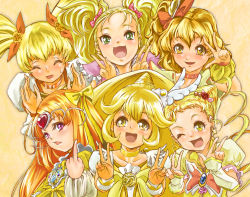 Rule 34 | 00s, 10s, 6+girls, ;d, ^ ^, blonde hair, bow, brooch, choker, circlet, closed eyes, color connection, cone hair bun, cure lemonade, cure muse, cure muse (yellow), cure peace, cure pine, cure sunshine, double bun, double v, drill hair, eyelashes, closed eyes, fresh precure!, futari wa precure, futari wa precure max heart, goru (cure golgom), green eyes, hair bun, hair flaps, hair ornament, hair ribbon, happy, heart, heart brooch, heart hair ornament, heartcatch precure!, jewelry, kasugano urara (yes! precure 5), kise yayoi, kujou hikari, long hair, middle finger, multiple girls, myoudouin itsuki, one eye closed, open mouth, orange hair, pink eyes, precure, ribbon, shiny luminous, shirabe ako, short hair, smile, smile precure!, suite precure, twintails, v, wide ponytail, wink, yamabuki inori, yellow background, yellow bow, yellow eyes, yellow theme, yes! precure 5
