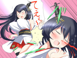 Rule 34 | 10s, 2girls, bare shoulders, black hair, blood, blush, breast slap, breasts, deego (omochi bazooka), detached sleeves, closed eyes, fusou (kancolle), hair ornament, huge breasts, japanese clothes, kantai collection, large breasts, long hair, multiple girls, nosebleed, open mouth, personification, short hair, skirt, yamashiro (kancolle)