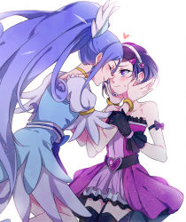 2girls black_gloves blue_hair blush bracelet choker cure_diamond dokidoki!_precure gloves hair_ornament hairband heart heart_hair_ornament hishikawa_rikka jewelry kenzaki_makoto long_hair looking_at_another magical_girl multiple_girls negom one_eye_closed ponytail precure purple_eyes purple_hair short_hair smile very_long_hair yuri