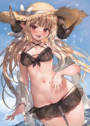Rule 34 | 1girl, banned artist, bikini, black bikini, blonde hair, blue sky, blunt bangs, breasts, brown hat, cloud, commentary request, copyright request, day, fang, frilled bikini, frills, groin, hat, highres, horns, long hair, looking at viewer, medium breasts, navel, ocean, open mouth, parsley-f, partially submerged, pointy ears, skin fang, sky, smile, solo, straw hat, swimsuit, water, wet, wrist cuffs