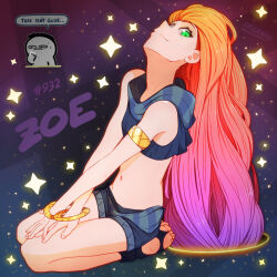 Rule 34 | 1girl, barefoot, english text, green eyes, league of legends, midriff, multicolored hair, navel, seiza, short shorts, shorts, sitting, soles, speech bubble, srgrafo, toes, two-tone hair, zoe (league of legends)