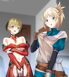 Rule 34 | 2girls, absurdres, blonde hair, blush, blush stickers, braid, breasts, cleavage, commentary, cosplay, costume switch, english commentary, fate/grand order, fate (series), french braid, gareth (fate), gareth (fate) (cosplay), gloves, green eyes, hair between eyes, hair flaps, hair ornament, hair scrunchie, highres, medium breasts, mordred (fate), mordred (fate/apocrypha), mordred (fate/apocrypha) (cosplay), multiple girls, navel, okamired, open mouth, red scrunchie, scrunchie, shirt, short hair, siblings, sidelocks, sisters, turtleneck, turtleneck shirt