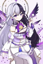 Rule 34 | 1girl, absurdres, algorhythm project, black hair, closed mouth, dress, eileennoir, halo, highres, hinakoyuki, long hair, multicolored hair, pointy ears, purple eyes, shorts, smile, solo, thighhighs, two-tone hair, virtual youtuber, white dress, white hair, white shorts, wings