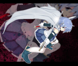 Rule 34 | 10s, 1girl, bad id, bad pixiv id, blue eyes, blue hair, cape, dual wielding, female focus, full body, gloves, hair ornament, hair over one eye, hairclip, holding, letterboxed, mahou shoujo madoka magica, mahou shoujo madoka magica (anime), masamuuu, matching hair/eyes, miki sayaka, solo, sword, thighhighs, weapon, zoom layer