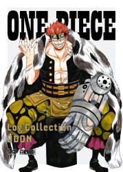 Rule 34 | 1boy, abs, absurdres, boots, cover, dvd cover, eustass kid, evil grin, evil smile, full body, fur trim, goggles, goggles on head, grin, highres, looking at viewer, male focus, mechanical arms, muscular, official art, one piece, pectorals, portrait, red eyes, red hair, scar, scar on chest, short hair, simple background, single mechanical arm, sitting, smile, solo, spiked hair