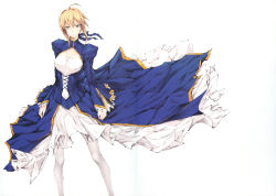 Rule 34 | 1girl, ahoge, artoria pendragon (all), artoria pendragon (fate), blonde hair, blue dress, breasts, cleavage, crease, dress, expressionless, fate/stay night, fate (series), green eyes, highres, kizuki aruchu, long sleeves, looking at viewer, pantyhose, puffy long sleeves, puffy sleeves, saber (fate), scan, scan artifacts, short hair, sidelocks, simple background, solo, white background, white pantyhose