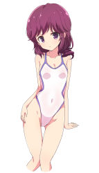 Rule 34 | 1girl, :o, breasts, cleavage, collarbone, commentary request, covered navel, female focus, highres, looking at viewer, machikado mazoku, mel (melty pot), one-piece swimsuit, purple eyes, purple hair, short hair, simple background, small breasts, solo, swimsuit, thigh gap, white background, white one-piece swimsuit, yoshida ryouko