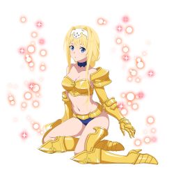 Rule 34 | 1girl, alice zuberg, armor, armored boots, bikini, bikini armor, bikini bottom only, blonde hair, blue bikini, blue eyes, blush, boots, breasts, choker, cleavage, collarbone, full body, gauntlets, glowing, gold armor, groin, hair intakes, hairband, high heel boots, high heels, highres, knee boots, long hair, medium breasts, midriff, navel, official art, parted lips, pauldrons, ponytail, shoulder armor, sidelocks, solo, sparkle, stomach, strapless, swimsuit, sword art online, sword art online: alicization, transparent background, very long hair, white hairband, yellow footwear