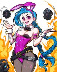 Rule 34 | 1girl, animal ears, bare shoulders, blue hair, blush, blushyspicy, bow, bowtie, braid, breasts, cleavage, detached collar, fake animal ears, highres, jinx (league of legends), league of legends, leotard, long hair, looking at viewer, medium breasts, pantyhose, pink eyes, playboy bunny, rabbit ears, smile, solo, strapless, strapless leotard, tattoo, twin braids, very long hair, wrist cuffs