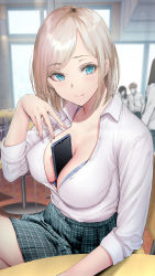 Rule 34 | 1boy, 3girls, absurdres, between breasts, blonde hair, blue bra, blue eyes, bra, bra peek, breasts, cellphone, classroom, cleavage, closed mouth, collared shirt, commentary request, gentsuki, hand up, highres, large breasts, long sleeves, looking at viewer, multiple girls, original, people, phone, plaid, plaid skirt, school uniform, shirt, shirt tucked in, short hair, sitting, skirt, smartphone, smile, solo focus, unbuttoned, unbuttoned shirt, underwear, w, white shirt
