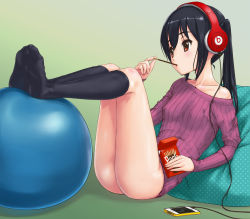 Rule 34 | 1girl, ball, beats by dr. dre, black hair, black socks, bottomless, breasts, brown eyes, cellphone, covered erect nipples, exercise ball, feet, female focus, food, headphones, highres, iphone, k-on!, kneehighs, legs, long hair, nakano azusa, no bra, no shoes, off shoulder, phone, pillow, pocky, product placement, rasukaru, ribbed sweater, small breasts, smartphone, socks, soles, solo, sweater