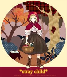 Rule 34 | 1girl, alcohol, apple, basket, blonde hair, boots, capelet, cross-laced footwear, food, fruit, green eyes, grimm&#039;s fairy tales, hood, lace-up boots, little red riding hood, little red riding hood (grimm), narasaki kouji, original, red cape, short hair, solo, tree, tree stump, wine