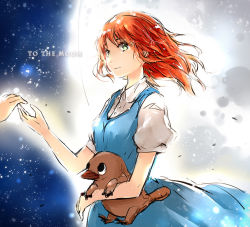 Rule 34 | 1girl, arukas, blue dress, copyright name, dress, full moon, green eyes, holding, holding stuffed toy, medium hair, moon, night, night sky, red hair, river wyles, short sleeves, sky, smile, solo focus, standing, star (sky), starry sky, stuffed animal, stuffed toy, to the moon