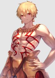 Rule 34 | 1boy, abs, absurdres, armor, blonde hair, doyagao, earrings, fate/grand order, fate (series), faulds, gilgamesh (fate), gold armor, gold earrings, gold necklace, grey background, hand on own hip, highres, jewelry, looking at viewer, nakanishi tatsuya, necklace, red eyes, smug, solo, tattoo, toned, toned male, topless male