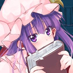 Rule 34 | 1girl, blush, book, colored eyelashes, covering own mouth, crescent, hat, long hair, looking at viewer, md5 mismatch, mob cap, patchouli knowledge, portrait, purple eyes, purple hair, resized, solo, touhou, vanilla (miotanntann), vanilla (vanillahimawari)