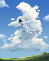 Rule 34 | absurdres, ambiguous gender, astronaut, blue sky, cloud, day, flying, grass, highres, original, outdoors, rock, semmya ori, sky, solo, twitter username