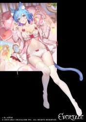 Rule 34 | 1girl, absurdres, animal ear fluff, animal ear headphones, animal ears, axent wear, babydoll, bare shoulders, bed, bloomers, blue eyes, blue hair, breasts, cat ear headphones, cat ears, cat girl, cat tail, cleavage, collarbone, colored inner hair, evertale, fake animal ears, full body, grey jacket, hands up, headphones, heart, heart-shaped pillow, highres, jacket, large breasts, lingerie, long sleeves, looking at viewer, lying, midriff, mirror, multicolored hair, navel, no shoes, off shoulder, official art, on back, on bed, open clothes, open jacket, open mouth, outside border, pillow, short hair, solo, spaghetti strap, stomach, tail, teffish, thighhighs, thighs, underwear, white bloomers, white thighhighs