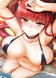 Rule 34 | 1girl, alternate costume, armpits, arms up, azur lane, beach, bikini, black bikini, black ribbon, blush, breasts, breasts apart, cleavage, closed mouth, collarbone, commentary request, embarrassed, from above, hair ribbon, halterneck, highres, honolulu (azur lane), honolulu (summer accident?!) (azur lane), ipuu (el-ane koubou), large breasts, legs together, long hair, looking at viewer, lying, navel, ocean, on back, outdoors, red eyes, red hair, ribbon, sand, solo, starfish, stomach, swimsuit, thighs, tsurime, twintails, wet