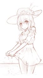 Rule 34 | 1girl, alternate costume, alternate headwear, commentary request, dress, flower, fuente, hat, hat flower, highres, looking at viewer, monochrome, smile, solo, standing, touhou, usami renko, wet, wringing clothes