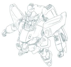 Rule 34 | clenched hands, f91 gundam, flying, from above, gundam, gundam f91, looking up, mecha, mobile suit, monochrome, niiyan, no humans, robot, science fiction, solo, v-fin, white background