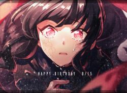 Rule 34 | 1girl, azami (kagerou project), black coat, black hair, blunt bangs, blurry, close-up, coat, commentary, crying, crying with eyes open, dated, english text, fingernails, hair ribbon, happy birthday, jacket, kagerou project, long hair, looking at viewer, mokemoke chan, parted lips, pink eyes, red ribbon, ribbon, scales, solo, tears, upper body