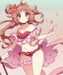 Rule 34 | 1girl, :o, animal ears, antenna hair, arknights, bikini, brown hair, collarbone, commentary, eyjafjalla (arknights), eyjafjalla (summer flower) (arknights), feet out of frame, flower, gradient background, hair flower, hair ornament, highres, holding, horns, long hair, looking at viewer, navel, off-shoulder bikini, off shoulder, official alternate costume, petals, pink eyes, pink shirt, red bikini, red flower, sheep ears, sheep girl, sheep horns, shirt, simple background, solo, swimsuit, vegetable noda