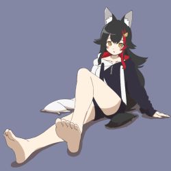 Rule 34 | 1girl, animal ear fluff, animal ears, bare legs, barefoot, black hair, black hoodie, black shorts, blue background, blush, blush stickers, breasts, commentary, foreshortening, full body, hair flaps, hair ornament, hololive, hood, hoodie, kamochomedesu, legs, long hair, long sleeves, looking at viewer, medium breasts, multicolored hair, ookami mio, ookami mio (casual), orange eyes, parted lips, red hair, short shorts, shorts, simple background, sitting, soles, solo, streaked hair, two-tone hair, two-tone hoodie, virtual youtuber, white hoodie, wolf ears