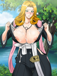 Rule 34 | 1girl, bleach, blonde hair, blue eyes, blush, breasts, breasts out, chain, clothes, clothes grab, collar, cum, cum on body, cum on breasts, cum on clothes, cum on upper body, embarrassed, female focus, gaden, huge breasts, long hair, looking at viewer, matsumoto rangiku, mole, nipples, open clothes, solo, surprised