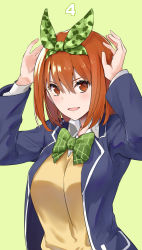 Rule 34 | 1girl, bow, bowtie, brown eyes, brown hair, character request, cosplay, go-toubun no hanayome, green bow, green bowtie, green hairband, hairband, hands up, highres, iriam, looking at viewer, nakano yotsuba, nakano yotsuba (cosplay), open mouth, school uniform, short hair, solo, virtual youtuber, yuuzuki (re&#039;ef)