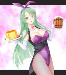 Rule 34 | 1girl, alternate costume, animal ears, bare shoulders, blush, breasts, cecilia (fire emblem), cleavage, cowboy shot, detached collar, elbow gloves, fake animal ears, fire emblem, fire emblem: the binding blade, gloves, green eyes, green hair, ham pon, highres, large breasts, leotard, long hair, looking at viewer, nintendo, open mouth, pantyhose, pink background, playboy bunny, purple leotard, rabbit ears, smile, solo, star (symbol), strapless, strapless leotard, very long hair, waitress, white gloves