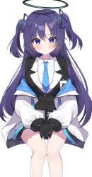 Rule 34 | 1girl, belt, blue archive, blue necktie, collared shirt, formal, halo, highres, id card, jacket, jacket partially removed, looking at viewer, multicolored clothes, multicolored jacket, murase48, necktie, off shoulder, open clothes, open jacket, parted bangs, purple eyes, purple hair, shirt, sidelocks, solo, suit, two-tone jacket, two side up, white belt, white shirt, yuuka (blue archive)